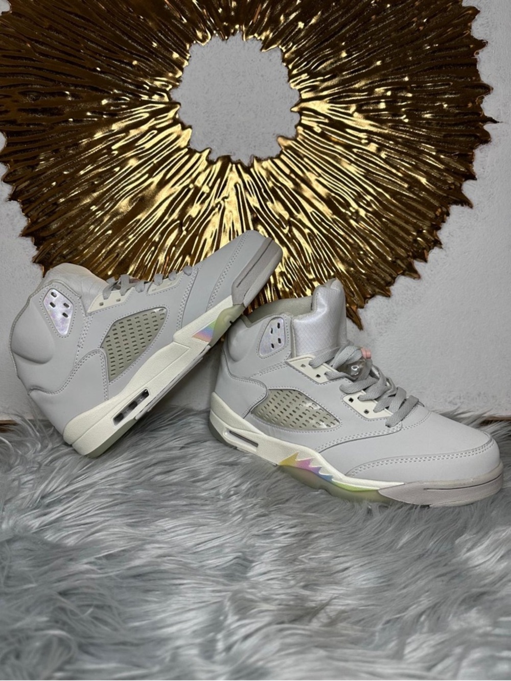 Light Gray High-Top Sneakers with Iridescent Accents